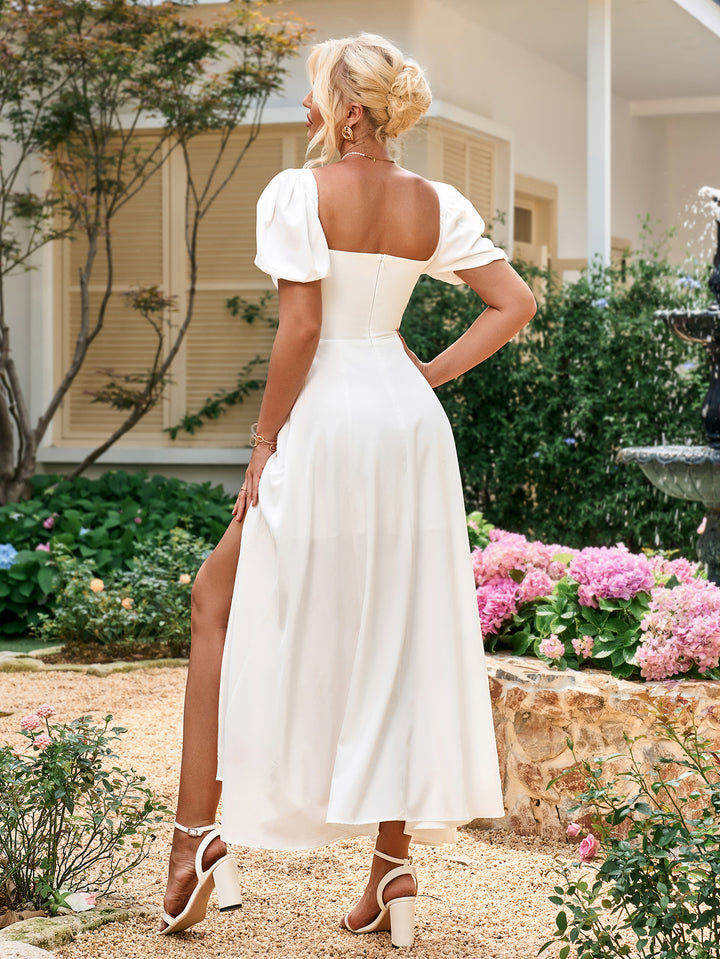 CLAIRE Puff Sleeve Off Shoulder Flowy Slit Midi Dress