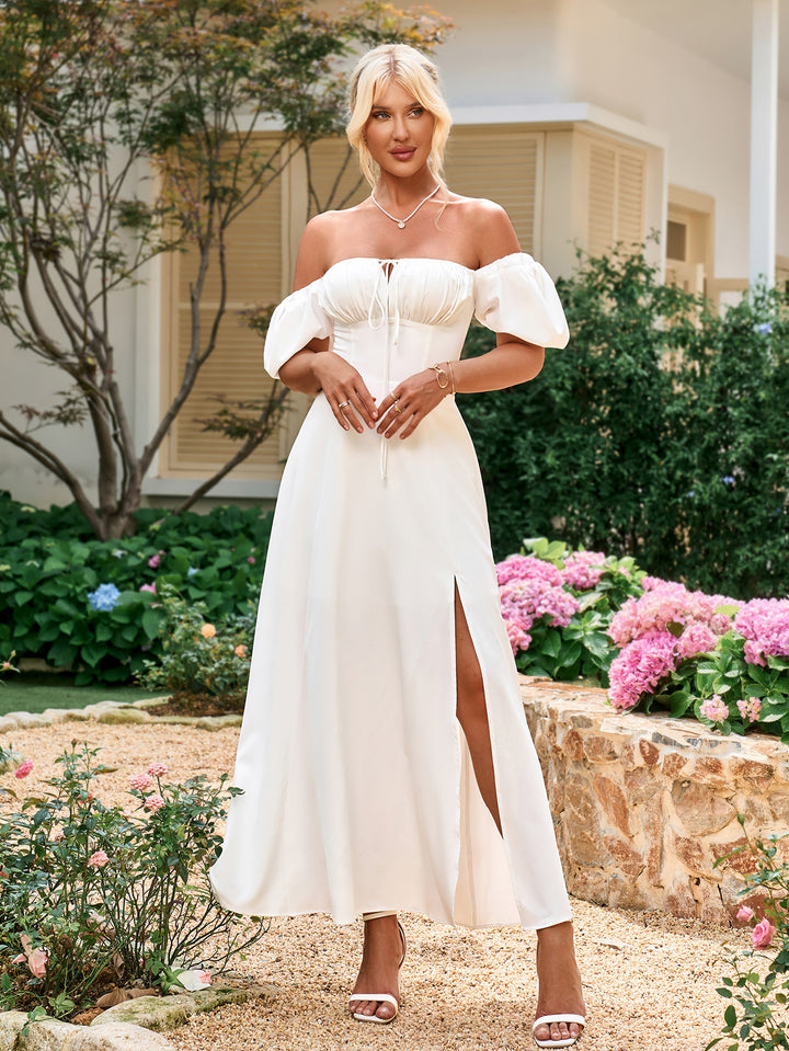 CLAIRE Puff Sleeve Off Shoulder Flowy Slit Midi Dress