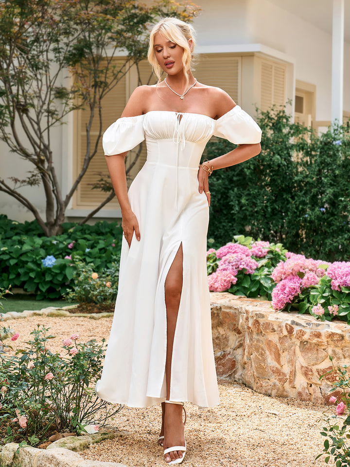 CLAIRE Puff Sleeve Off Shoulder Flowy Slit Midi Dress