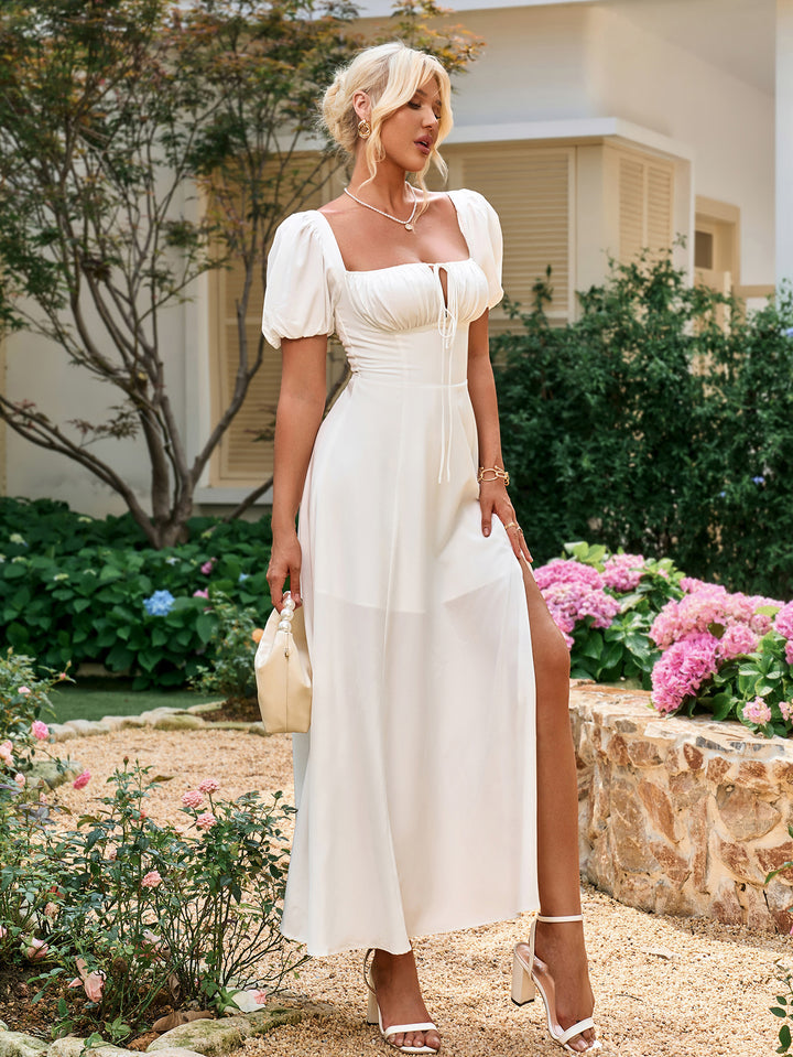 CLAIRE Puff Sleeve Off Shoulder Flowy Slit Midi Dress