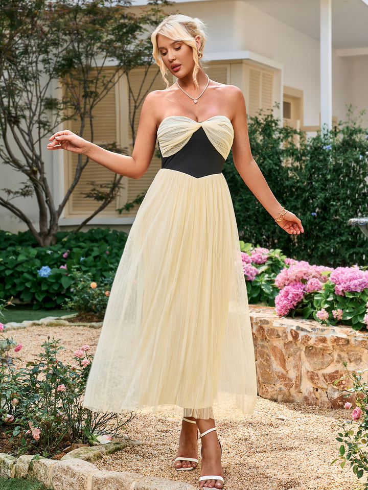 OLGA Hepburn Sleeveless Strapless Backless Ruched Bandeau Midi Dress