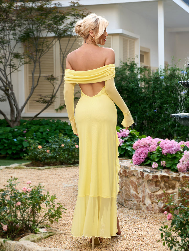 RACHELLE Solid Long-Sleeved Off-Shoulder Slit Ruched Bandeau Maxi Dress