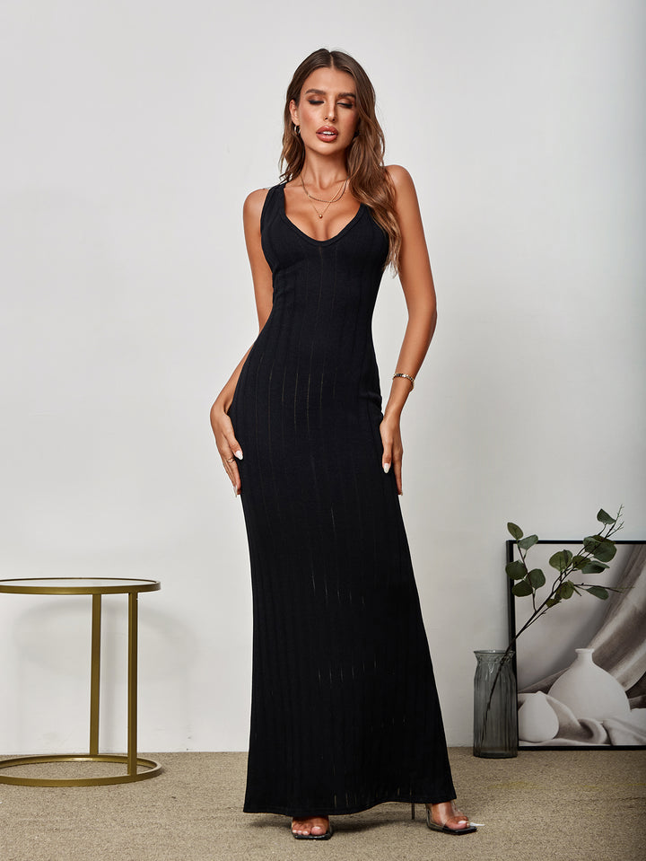 AMELIAH Temperament Solid Color Knitted Backless Sleeveless Bodycon Maxi Dress