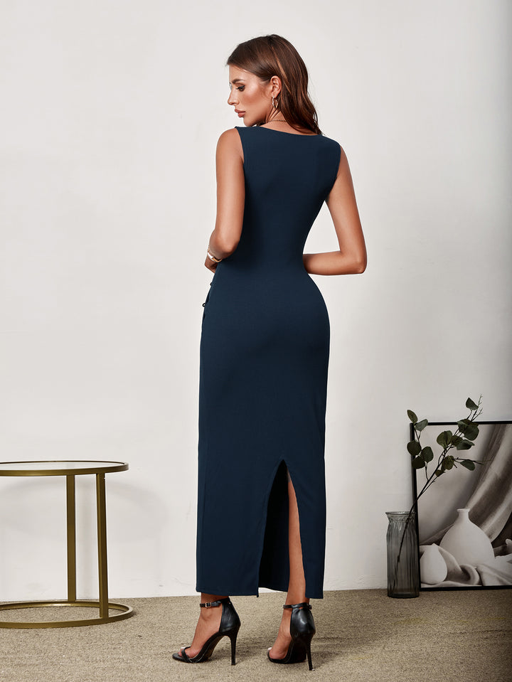 AVEINA Sexy Knitted Solid Sleeveless Bodycon Maxi Dress