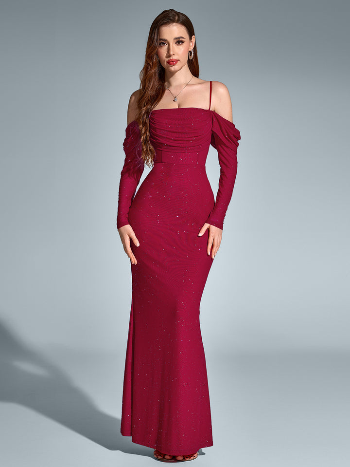 SELCY Temperament Mesh Off-Shoulder Long-Sleeved Ruched Gown