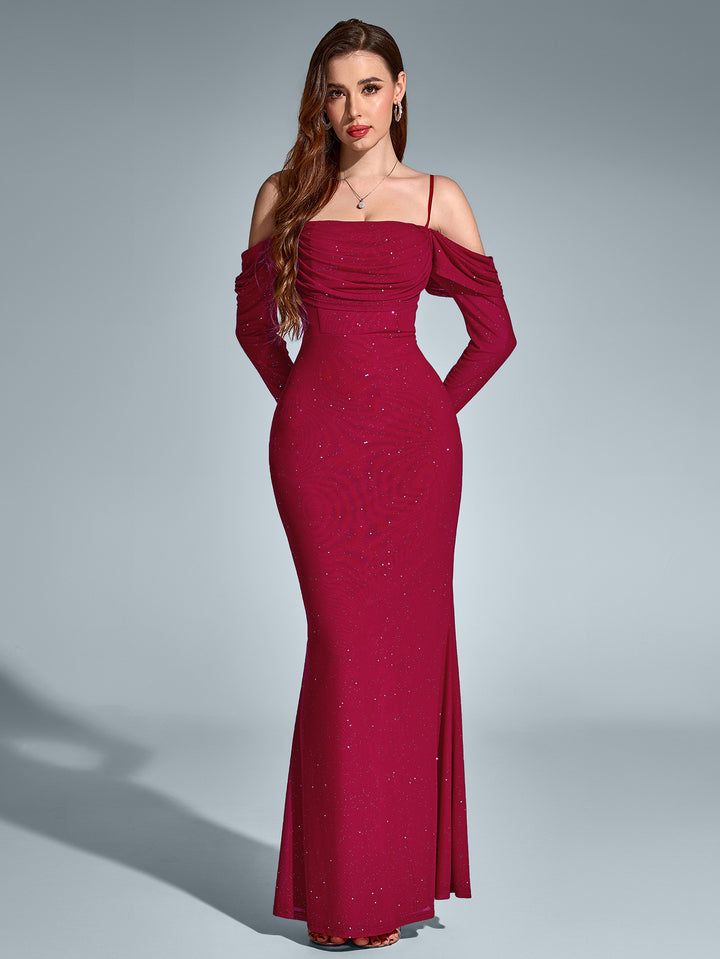 SELCY Temperament Mesh Off-Shoulder Long-Sleeved Ruched Gown