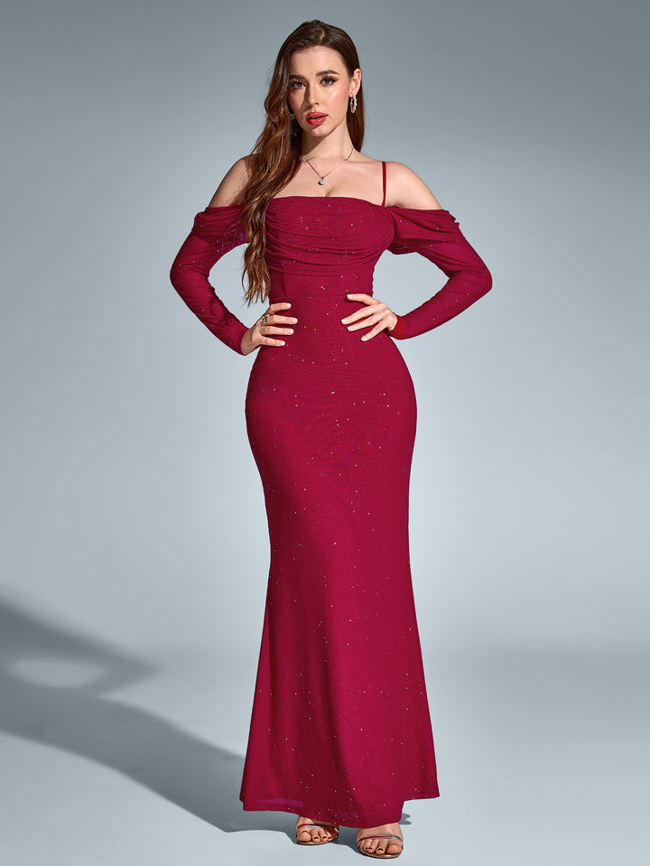 SELCY Temperament Mesh Off-Shoulder Long-Sleeved Ruched Gown