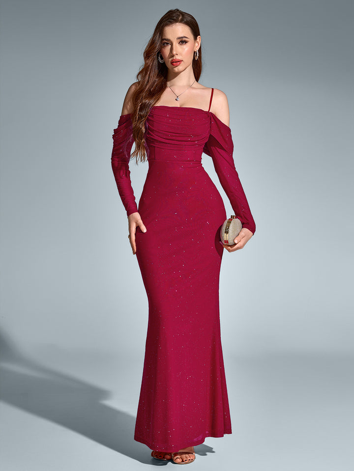 SELCY Temperament Mesh Off-Shoulder Long-Sleeved Ruched Gown