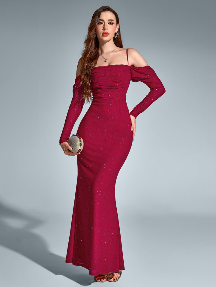 SELCY Temperament Mesh Off-Shoulder Long-Sleeved Ruched Gown