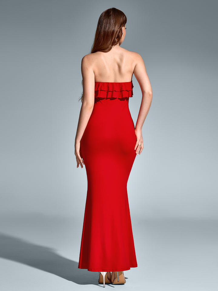 JENNY Solid Sleeveless Strapless Off-Shoulder Backless Ruched Bodycon Maxi Dress