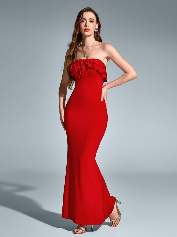 JENNY Solid Sleeveless Strapless Off-Shoulder Backless Ruched Bodycon Maxi Dress