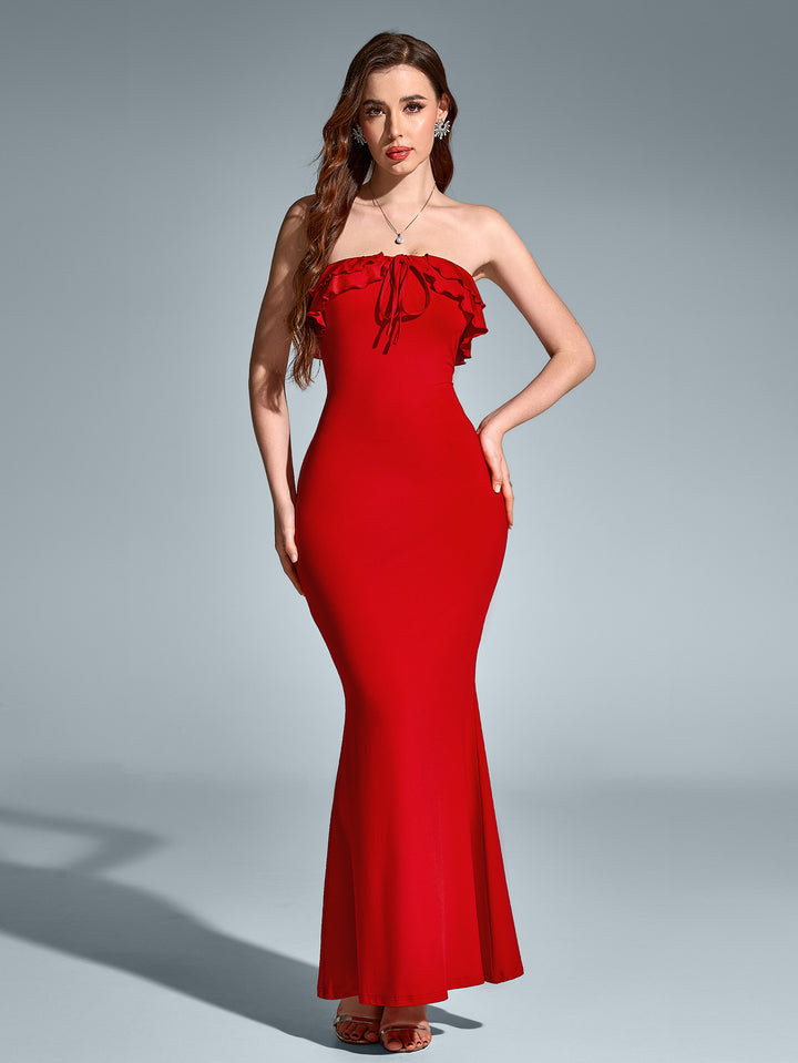 JENNY Solid Sleeveless Strapless Off-Shoulder Backless Ruched Bodycon Maxi Dress