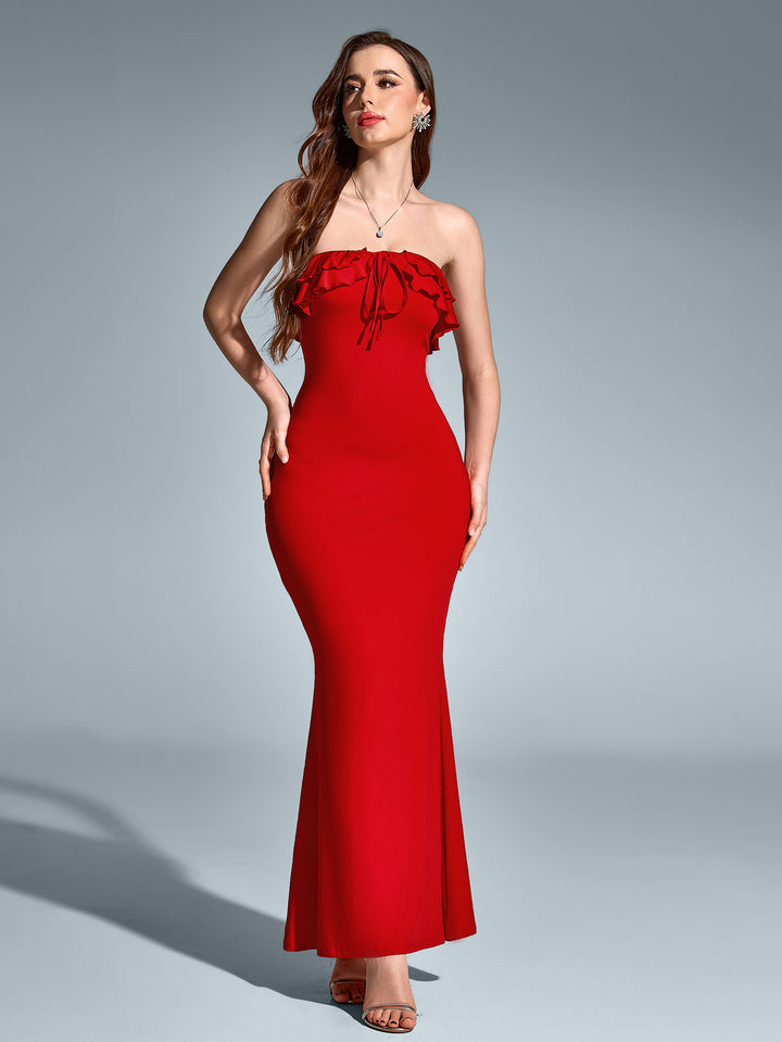 JENNY Solid Sleeveless Strapless Off-Shoulder Backless Ruched Bodycon Maxi Dress