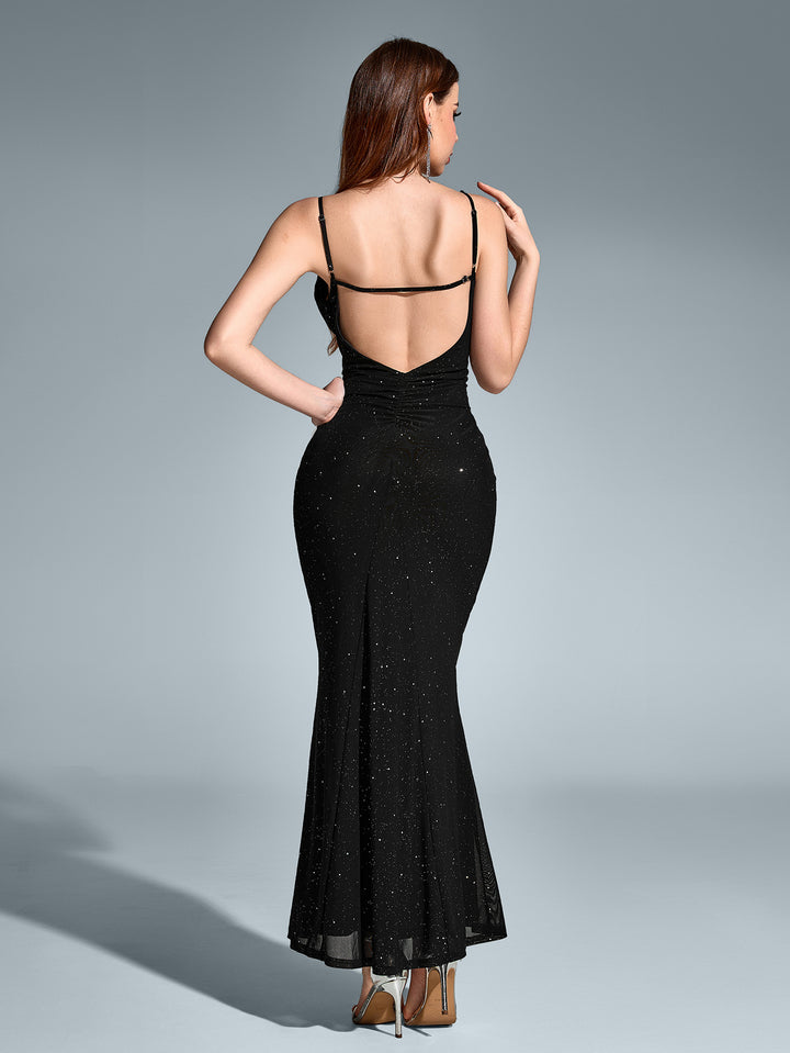 GREYSON Sexy Sleeveless Backless Deep V-Neck Sparkly Bodycon Slip Gown