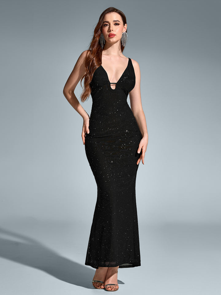 GREYSON Sexy Sleeveless Backless Deep V-Neck Sparkly Bodycon Slip Gown