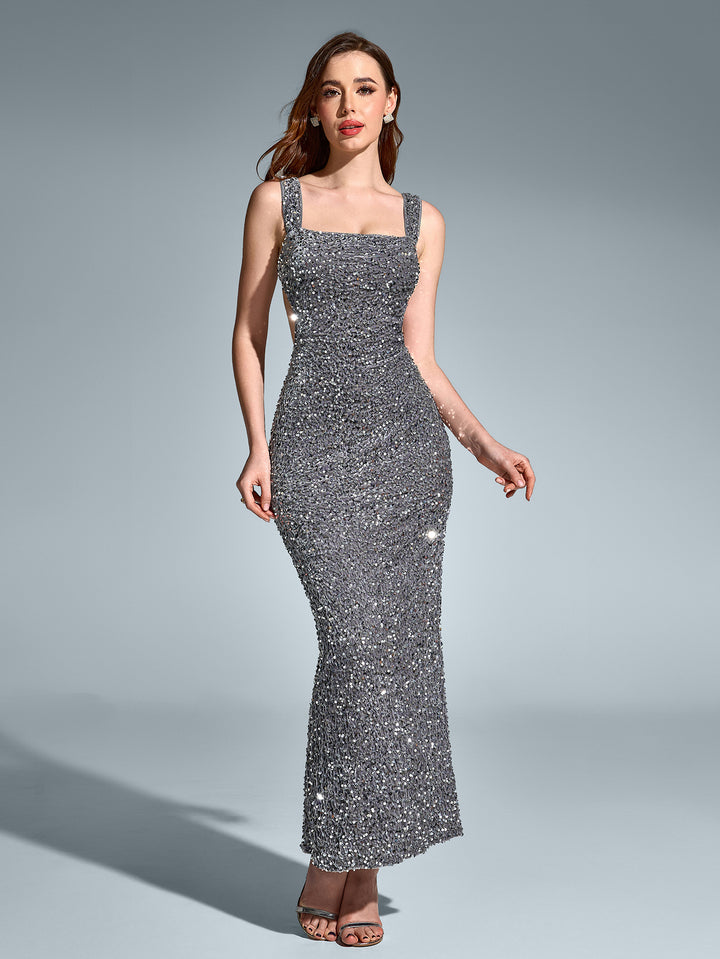 EMERY Square Neckline Sleeveless Backless Sparkly Bodycon Gown