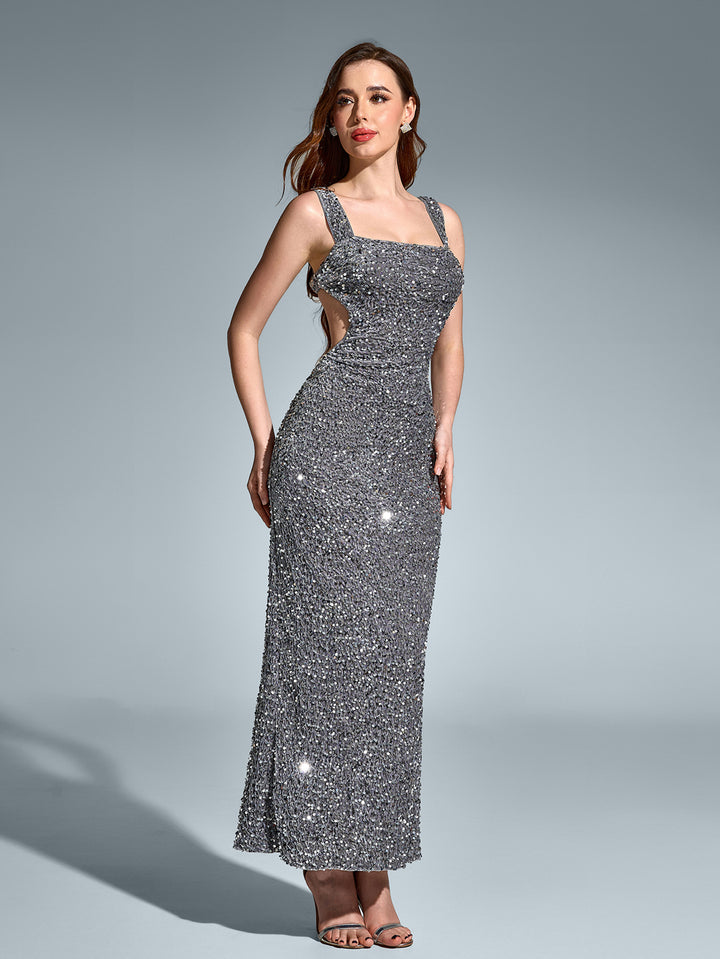 EMERY Square Neckline Sleeveless Backless Sparkly Bodycon Gown