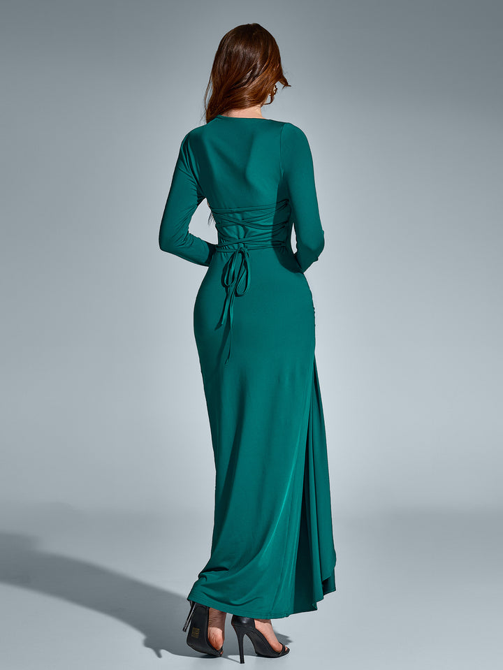 ISLA Solid Long-Sleeved Waist-Cinching Ruched High-Slit Maxi Dress