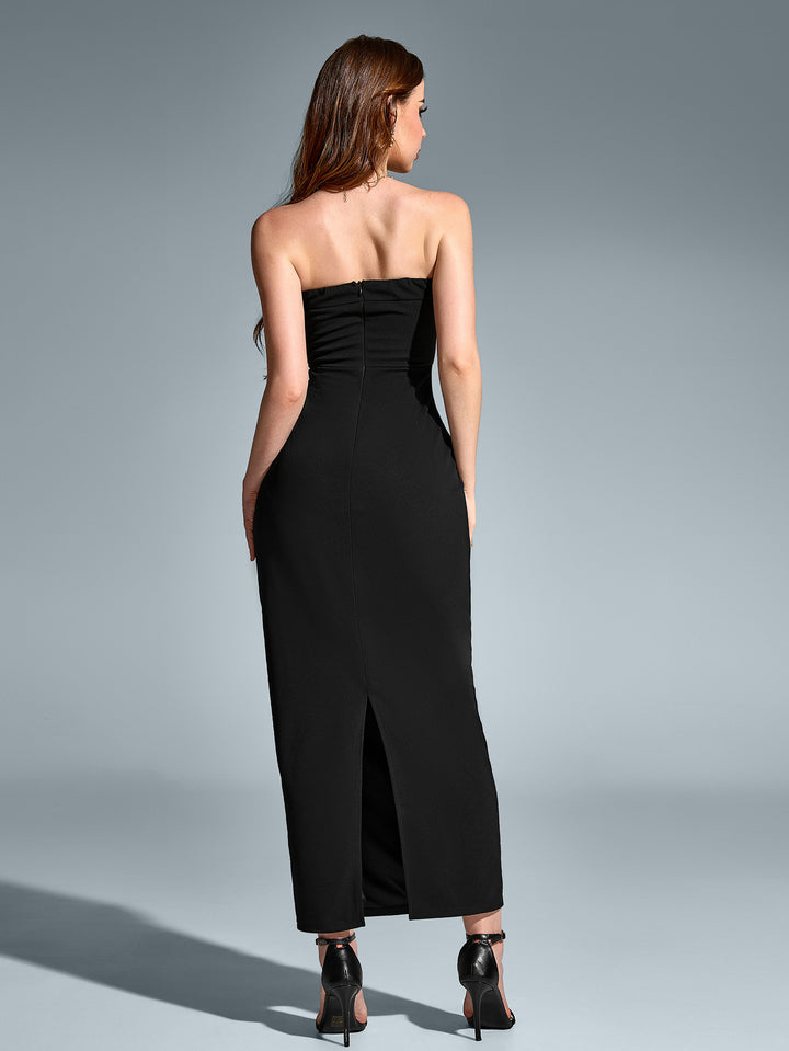 HOLLY Sexy Sleeveless Backless Solid Ruched Strapless Bodycon Maxi Dress