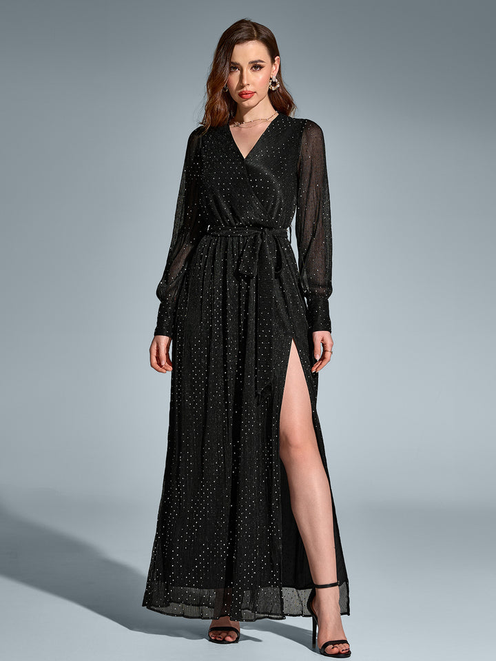 CELIACIA Sexy V-Neck Long Sleeved Sparkly Maxi Dress