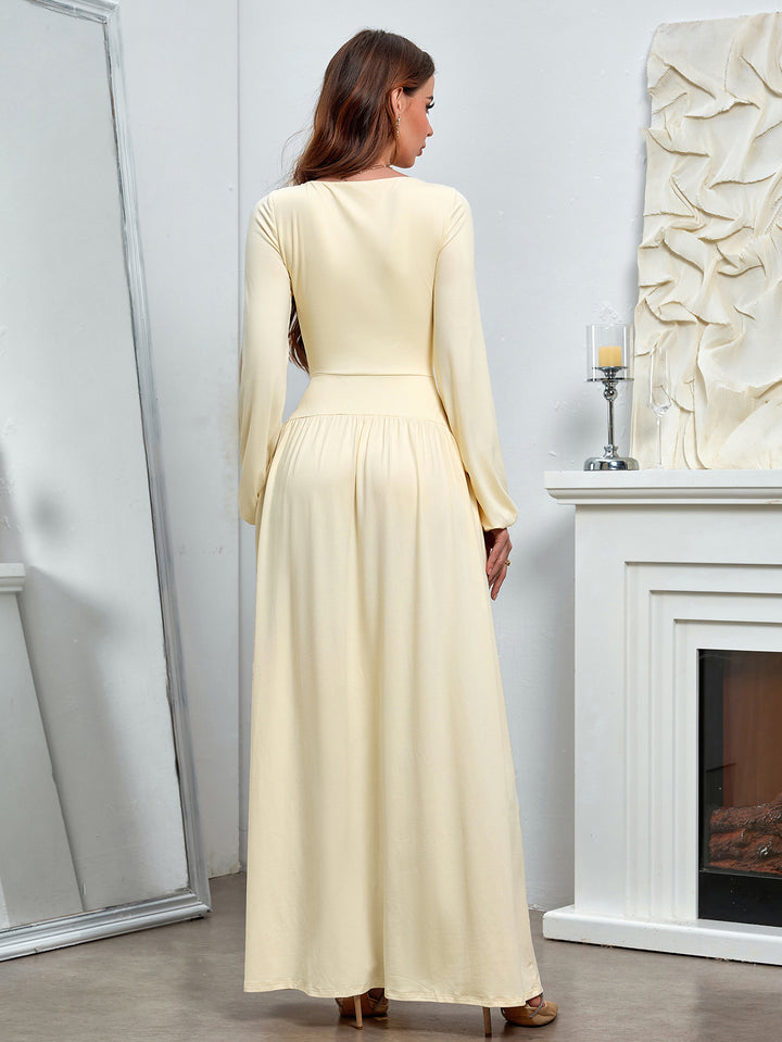 HEATHER Temperament Solid Long-Sleeved Cinched Waist Ruched Slim Maxi Dress