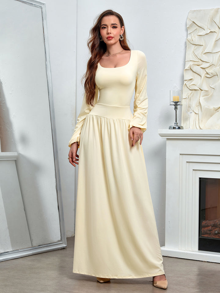 HEATHER Temperament Solid Long-Sleeved Cinched Waist Ruched Slim Maxi Dress