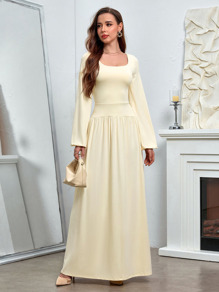 HEATHER Temperament Solid Long-Sleeved Cinched Waist Ruched Slim Maxi Dress