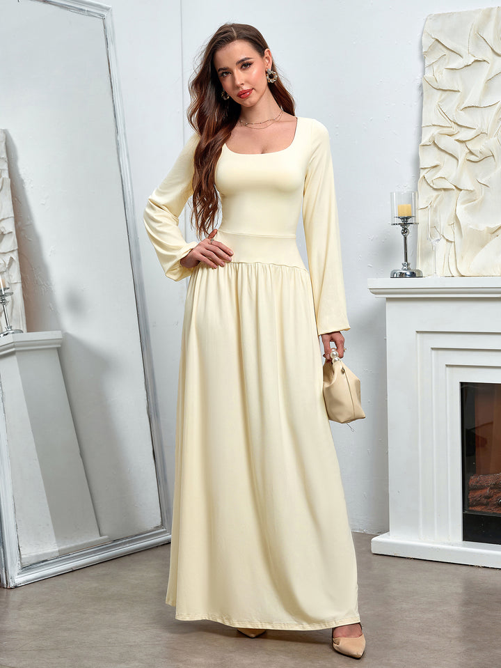 HEATHER Temperament Solid Long-Sleeved Cinched Waist Ruched Slim Maxi Dress