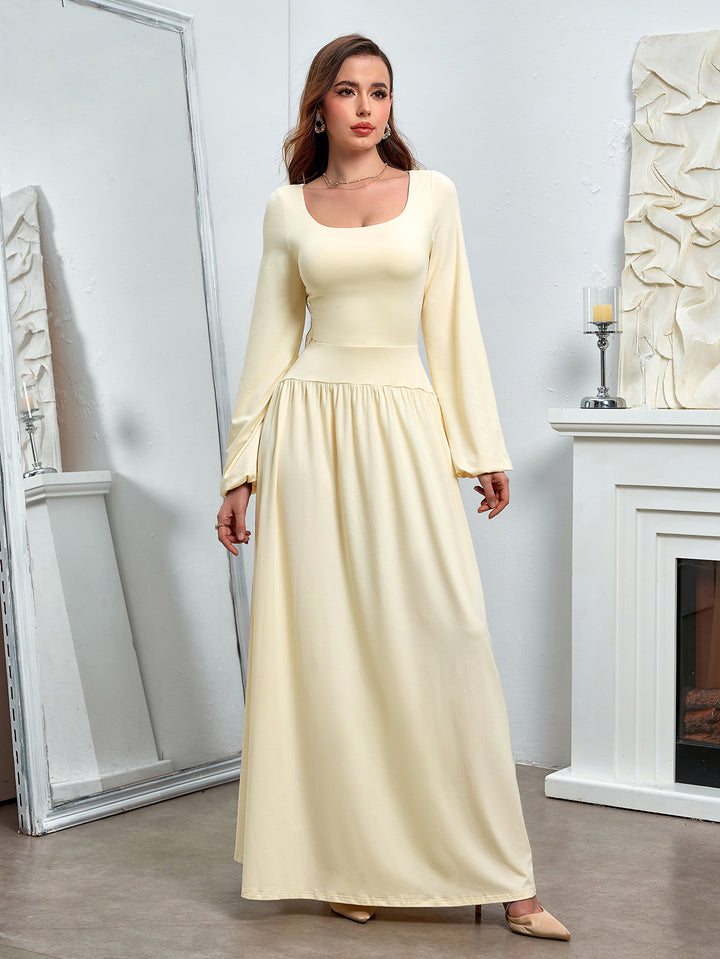 HEATHER Temperament Solid Long-Sleeved Cinched Waist Ruched Slim Maxi Dress