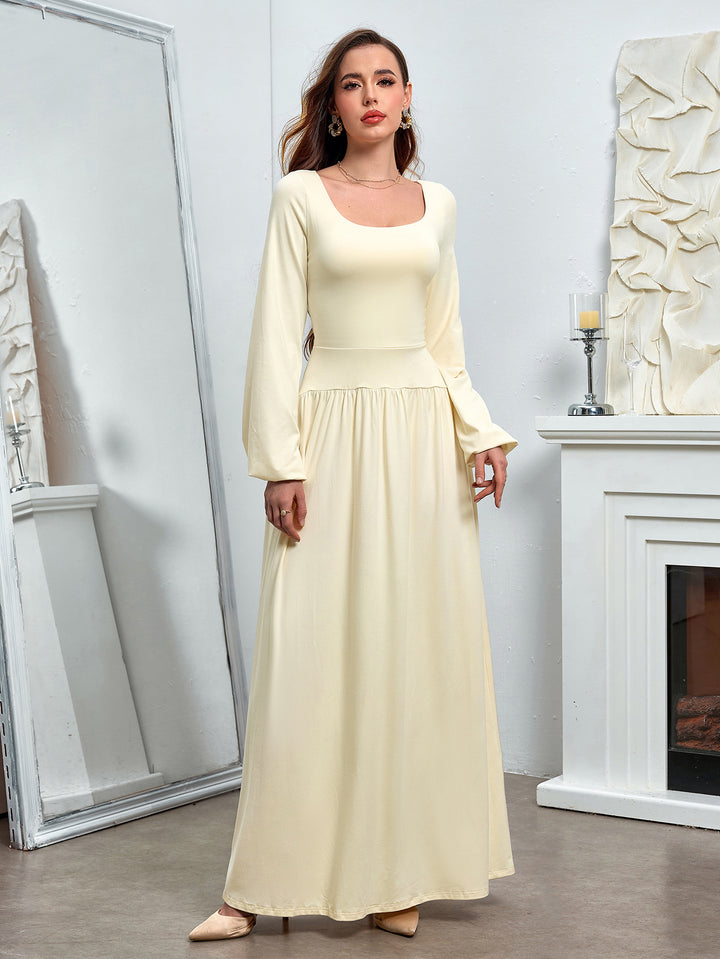 HEATHER Temperament Solid Long-Sleeved Cinched Waist Ruched Slim Maxi Dress