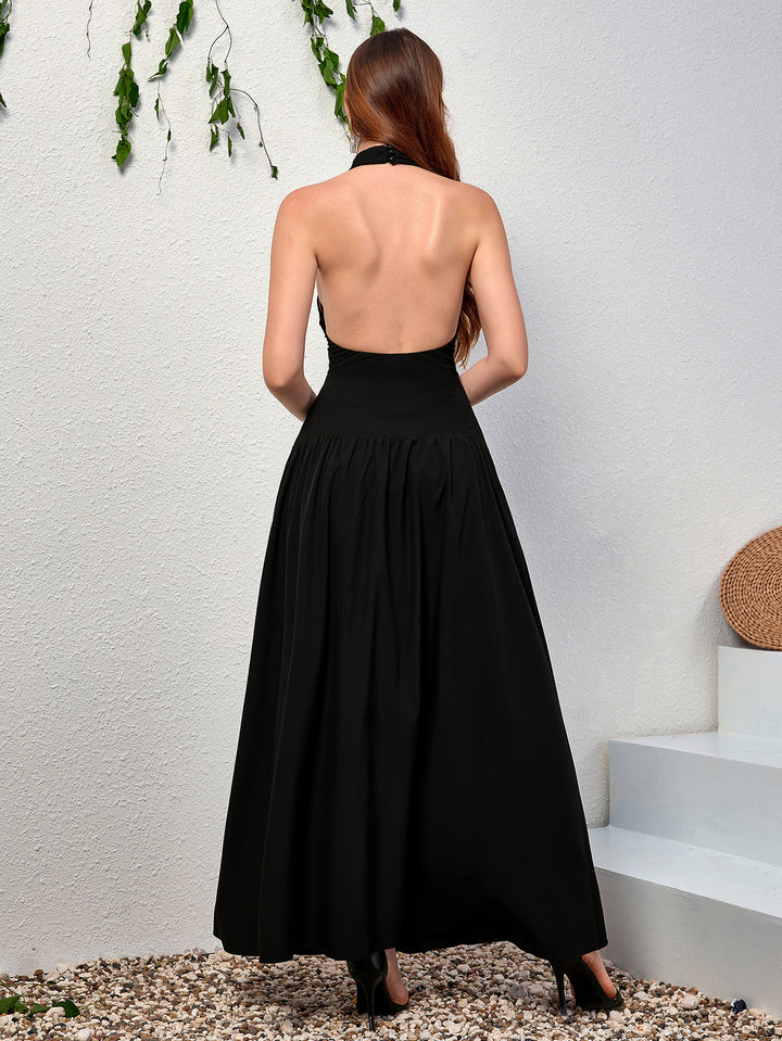 DARAVE Elegant Solid Sleeveless Halter Neck Backless Maxi Dress