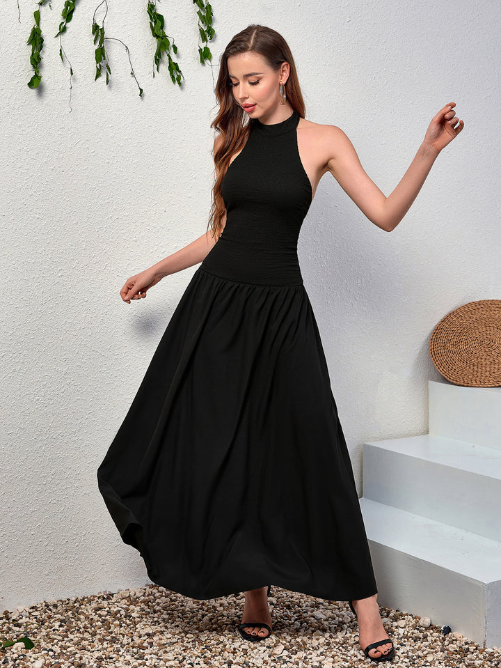 DARAVE Elegant Solid Sleeveless Halter Neck Backless Maxi Dress