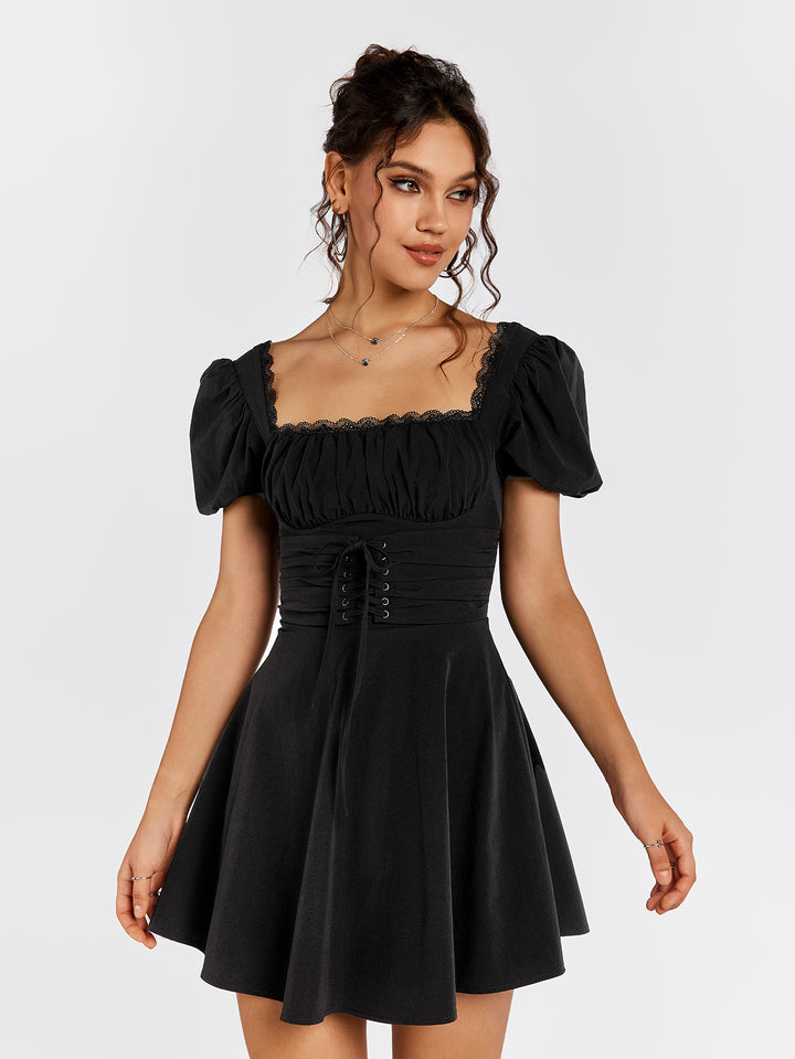 LIACIA Puff Sleeves Lace-Up Dress