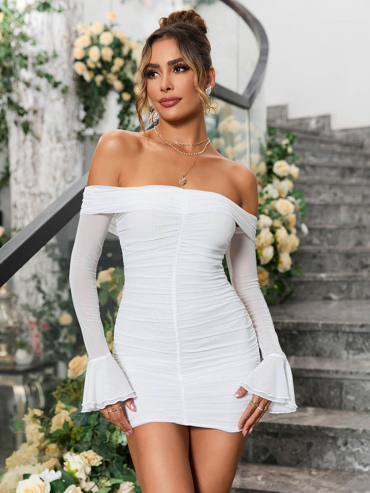 CELESTE Off Shoulder Flounce Sleeve Ruched Mesh Bodycon Dress