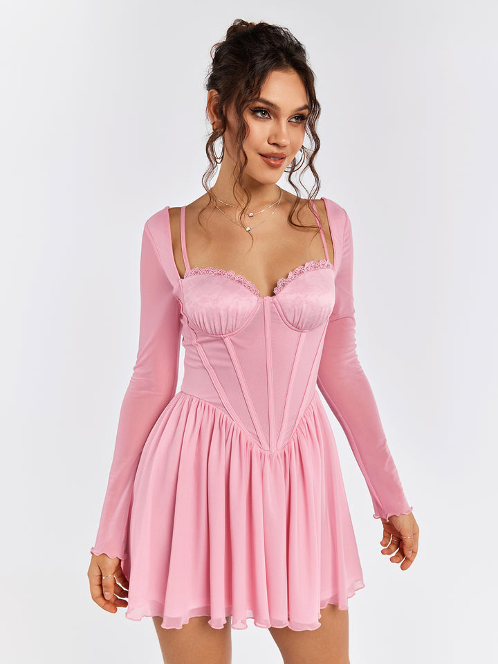 ELIAAVE Sheer Sleeve Pink Skater Dress