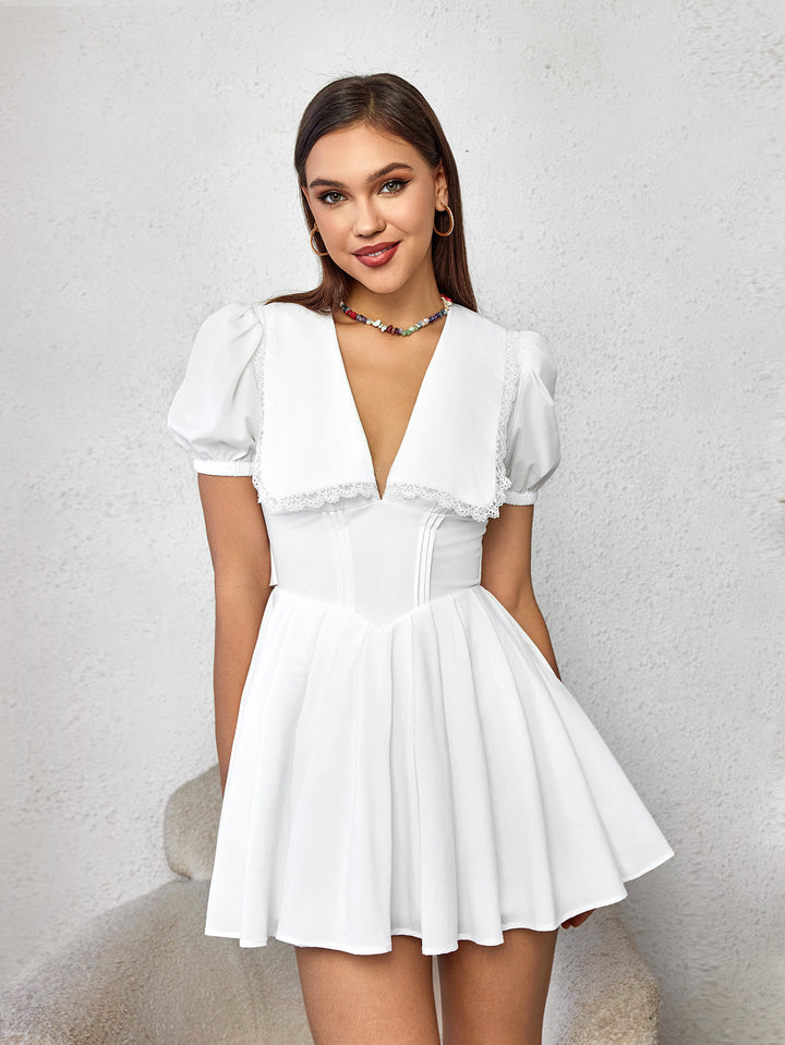 CIADAR Lace-Trim Puff-Sleeve Mini Dress