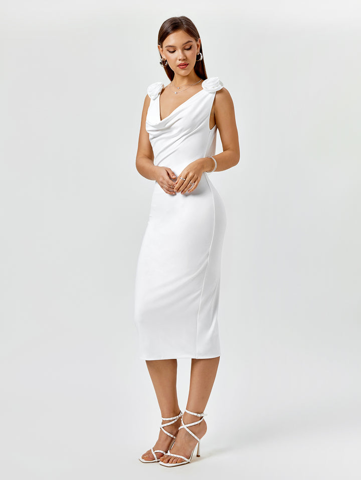 JAICY V-Neckline Ruched Cap Sleeve Midi Dress