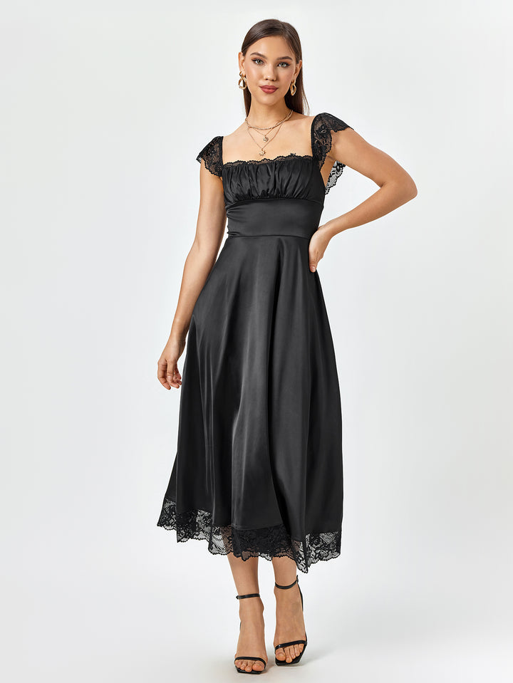 SIAJAI Square Neckline Lace Hem Satin Dress