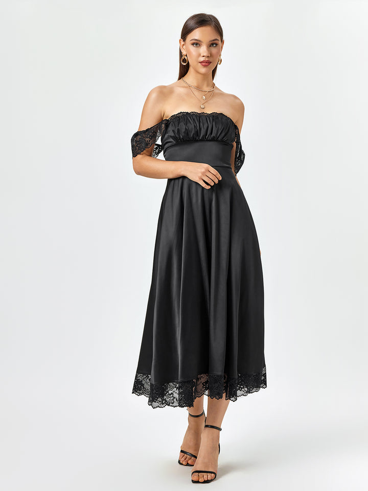 SIAJAI Square Neckline Lace Hem Satin Dress