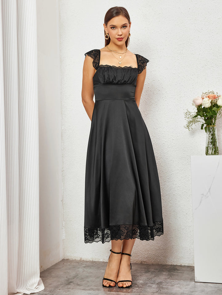 SIAJAI Square Neckline Lace Hem Satin Dress