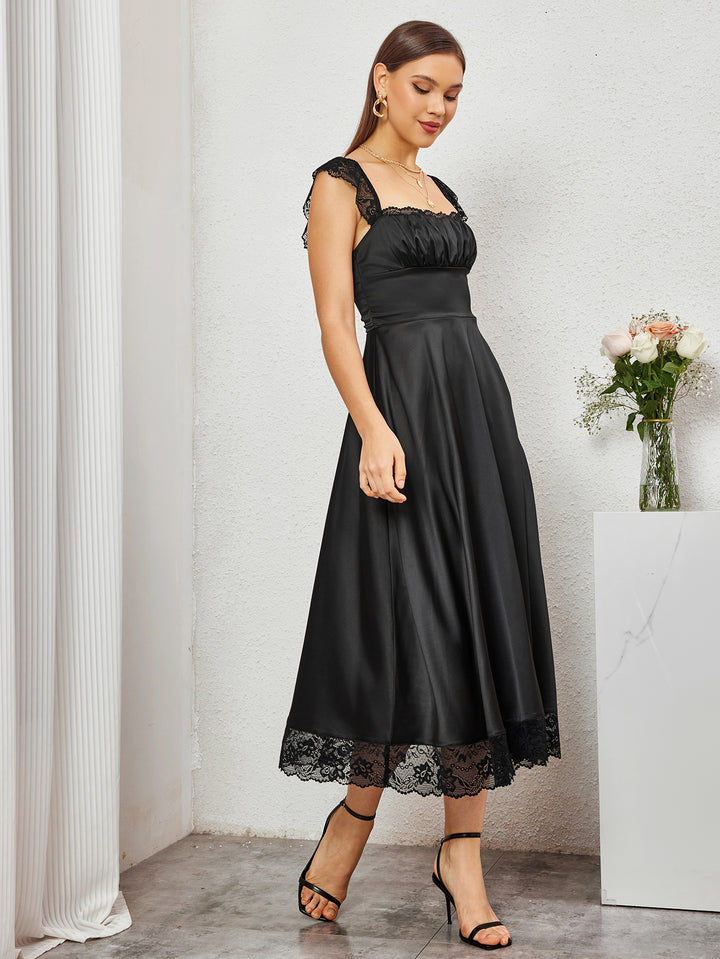 SIAJAI Square Neckline Lace Hem Satin Dress