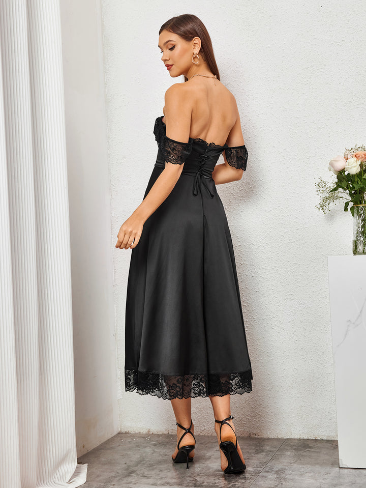 SIAJAI Square Neckline Lace Hem Satin Dress