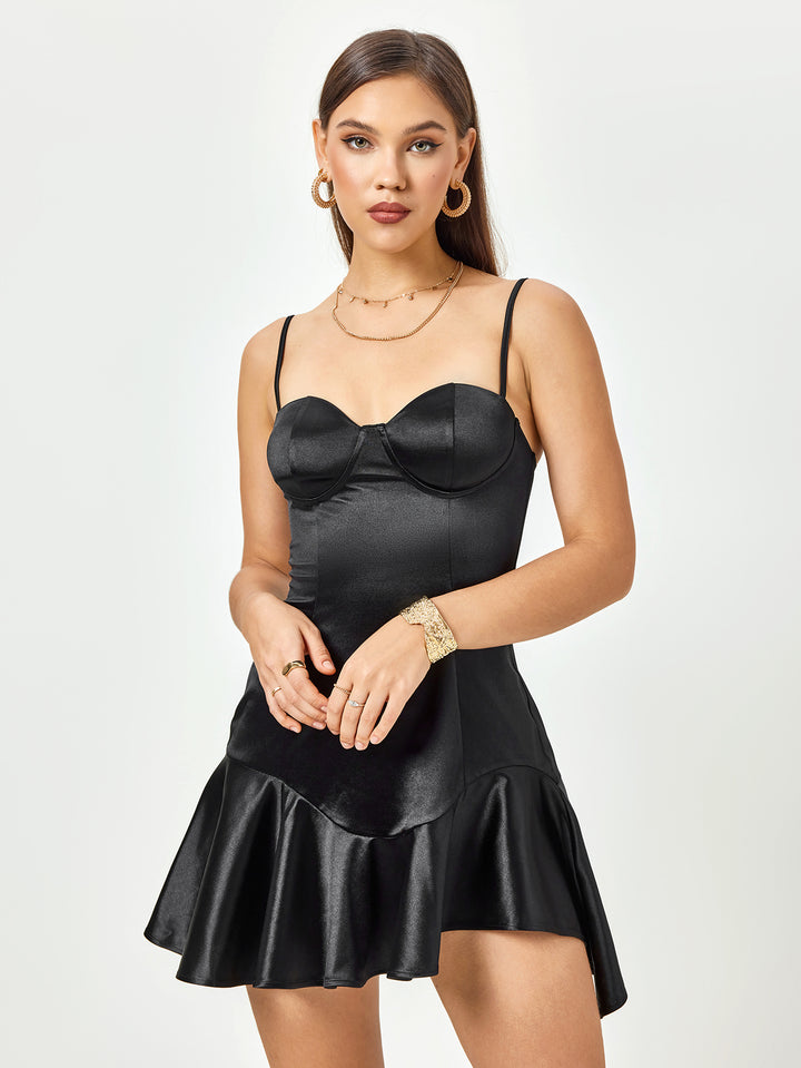 LEAARC Satin Noir Flounce Mini Dress