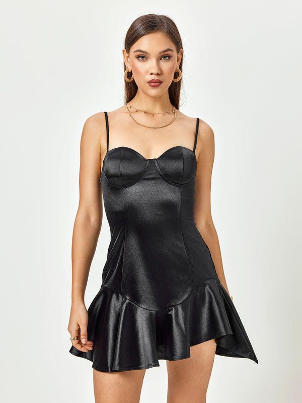 LEAARC Satin Noir Flounce Mini Dress