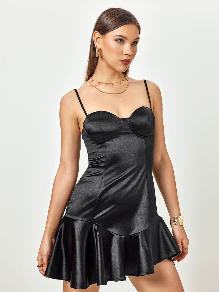 LEAARC Satin Noir Flounce Mini Dress