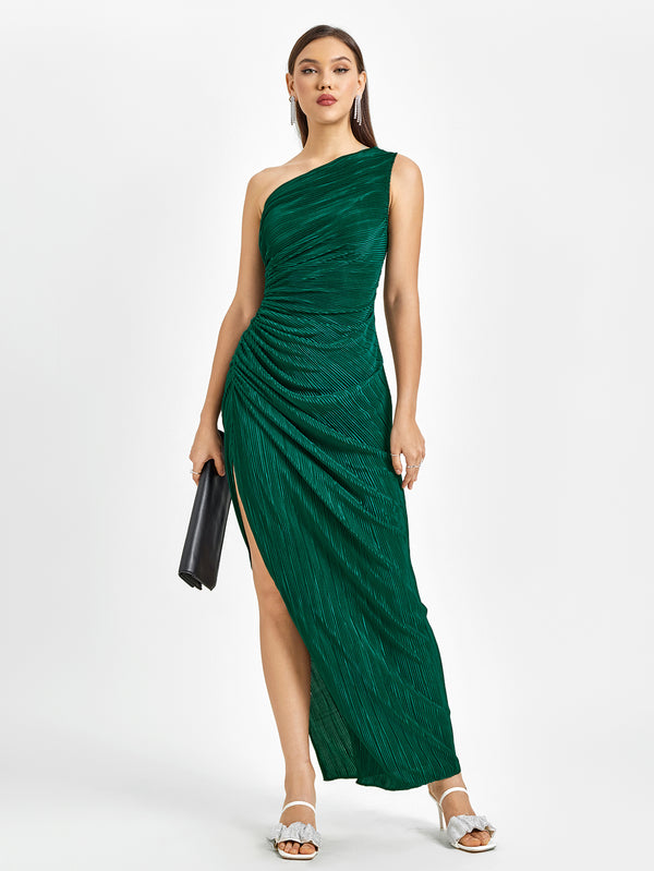 VEARC Pleated One-Shoulder Evening Gown Dress