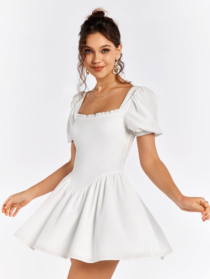 ELINA Summer Breeze White Puff Sleeve Skater Dress