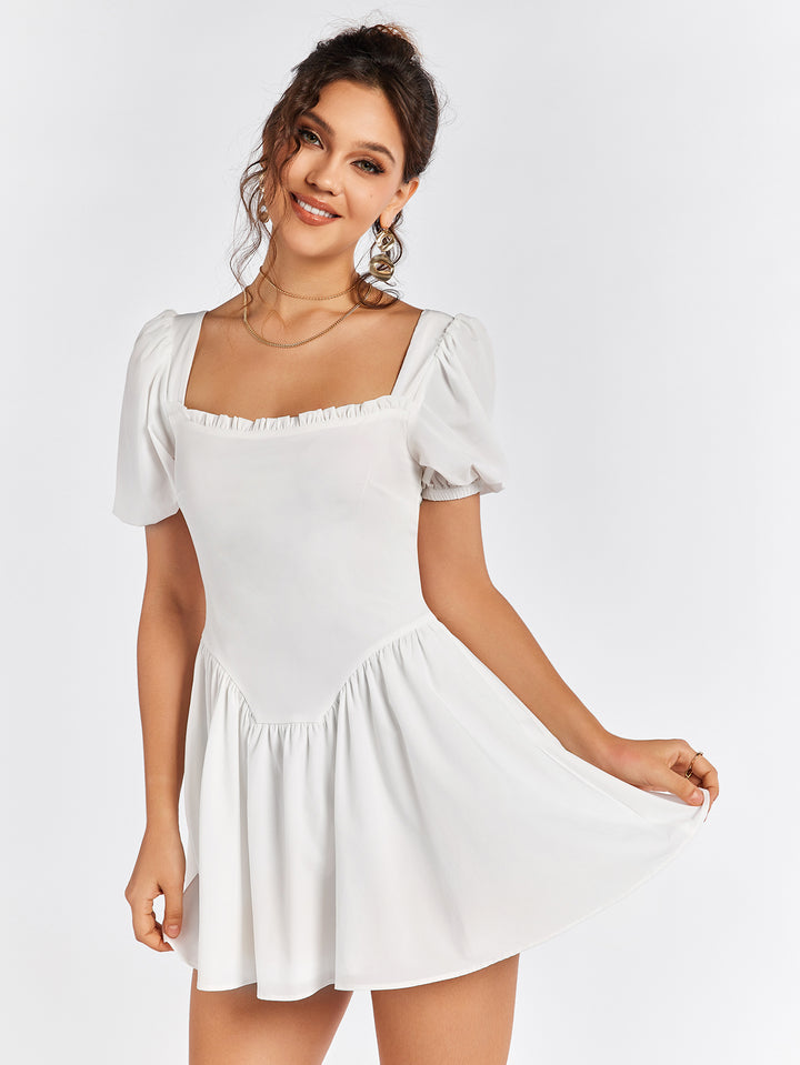 ELINA Summer Breeze White Puff Sleeve Skater Dress