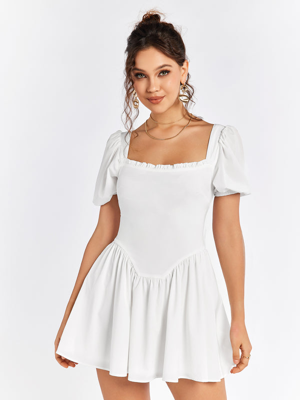 ELINA Summer Breeze White Puff Sleeve Skater Dress