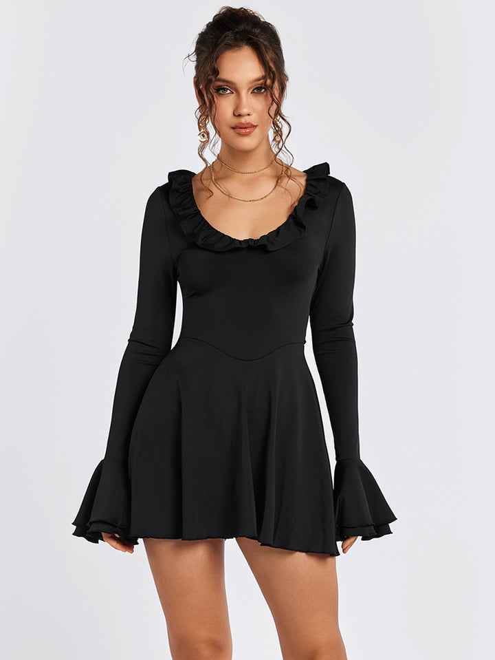 AVEAIN Long Sleeve Ruffle Flared Dress